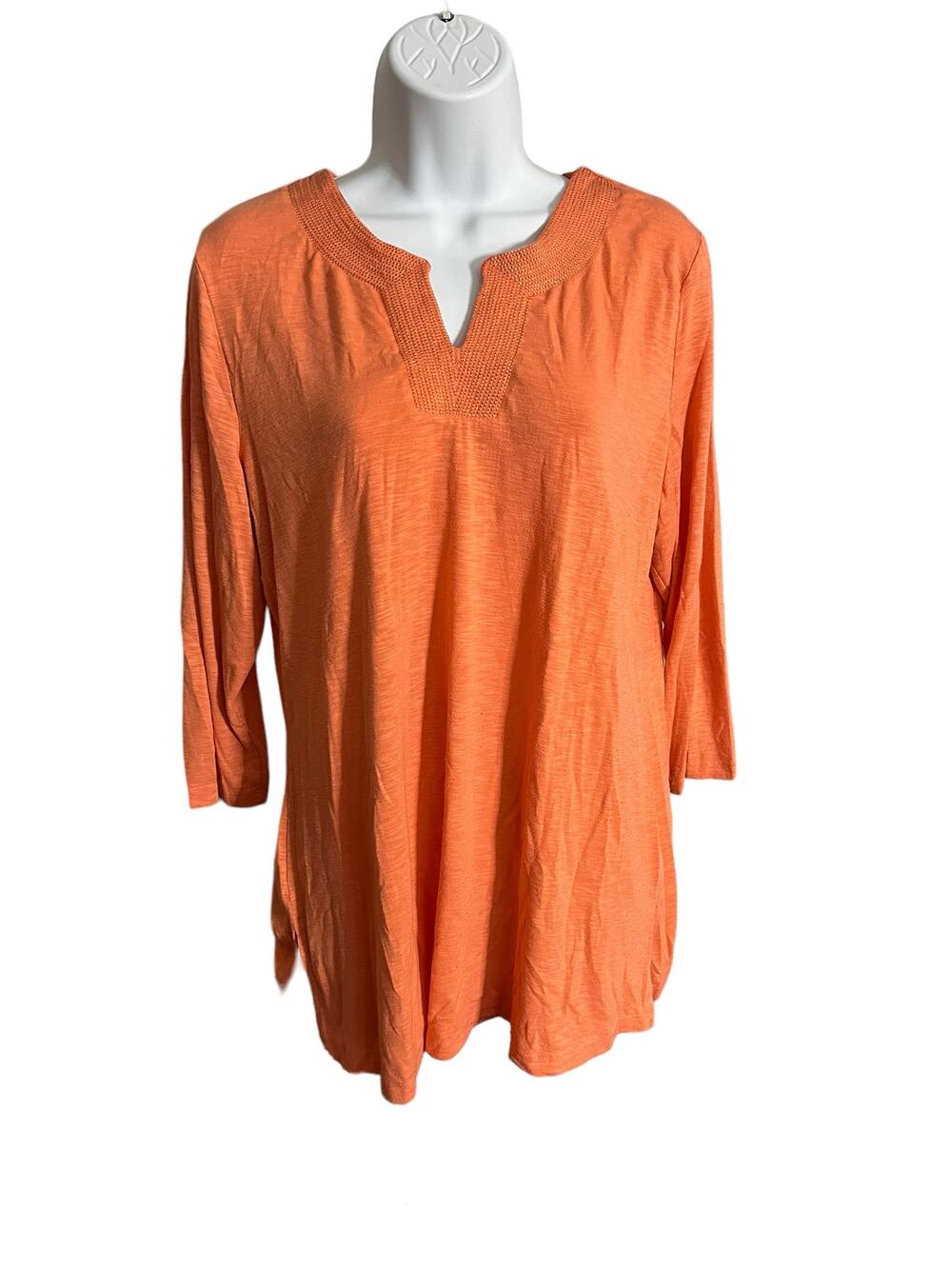 Allison Daley burnout orange 3/4 sleeve embroidered stitched v-neck tunic medium